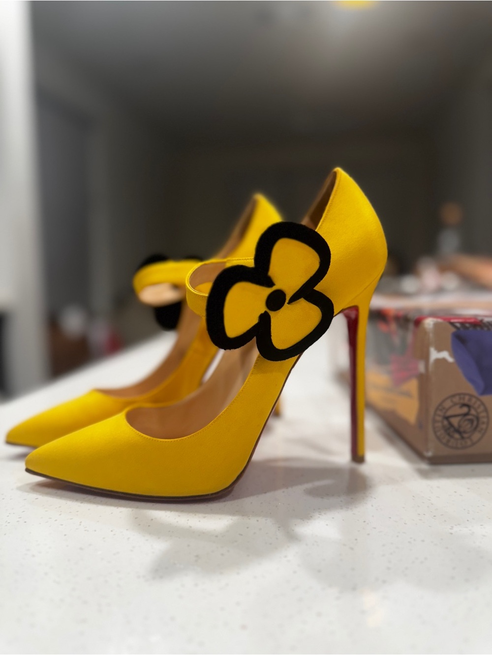 Christian Louboutin Yellow Satin Pointed-Toe Pumps with Black Floral Accent